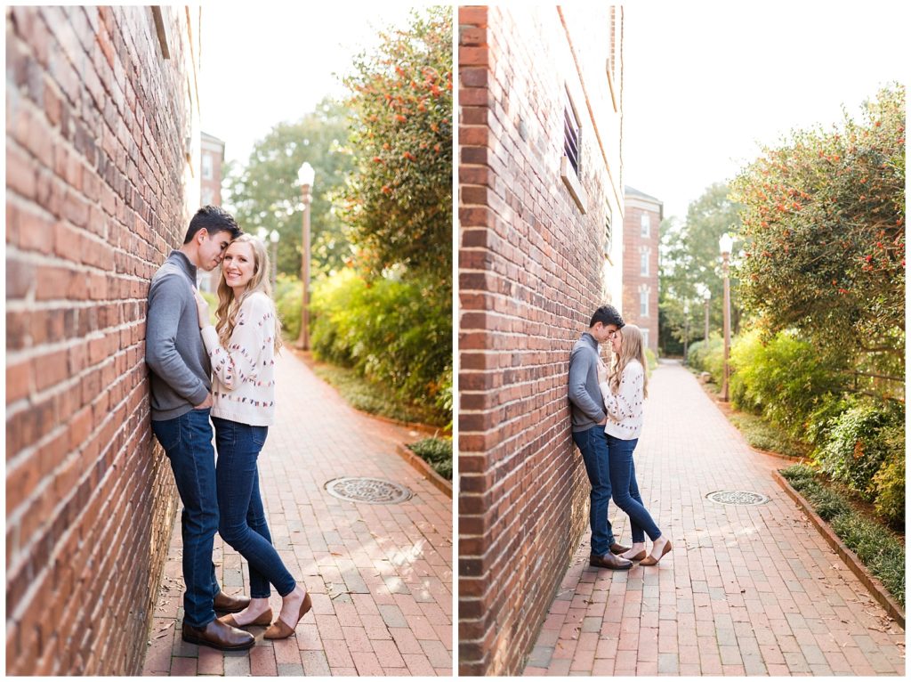 Couple poses on North Carolina State University Campus