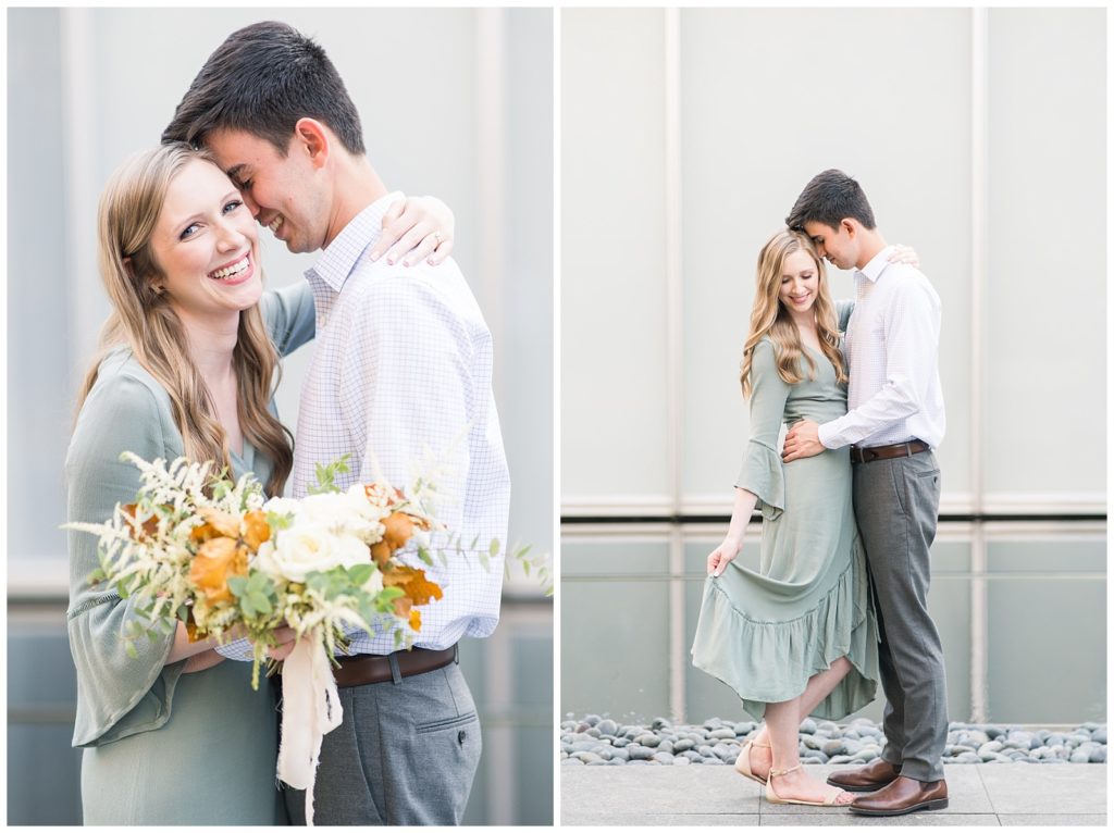 sage green engagement dress and bouquet with long ribbon