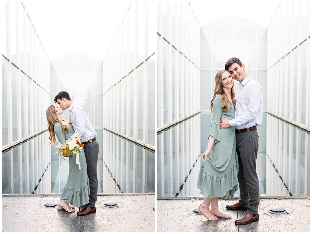 man tips fiance back for a kiss during their engagement session