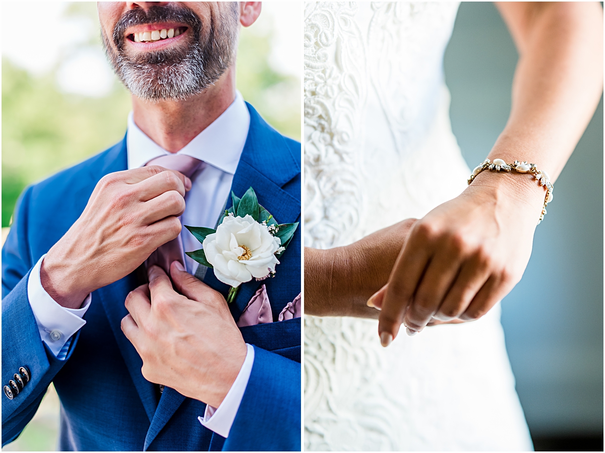 Collage image of Koy tightening his tie and Melissa holding his hand