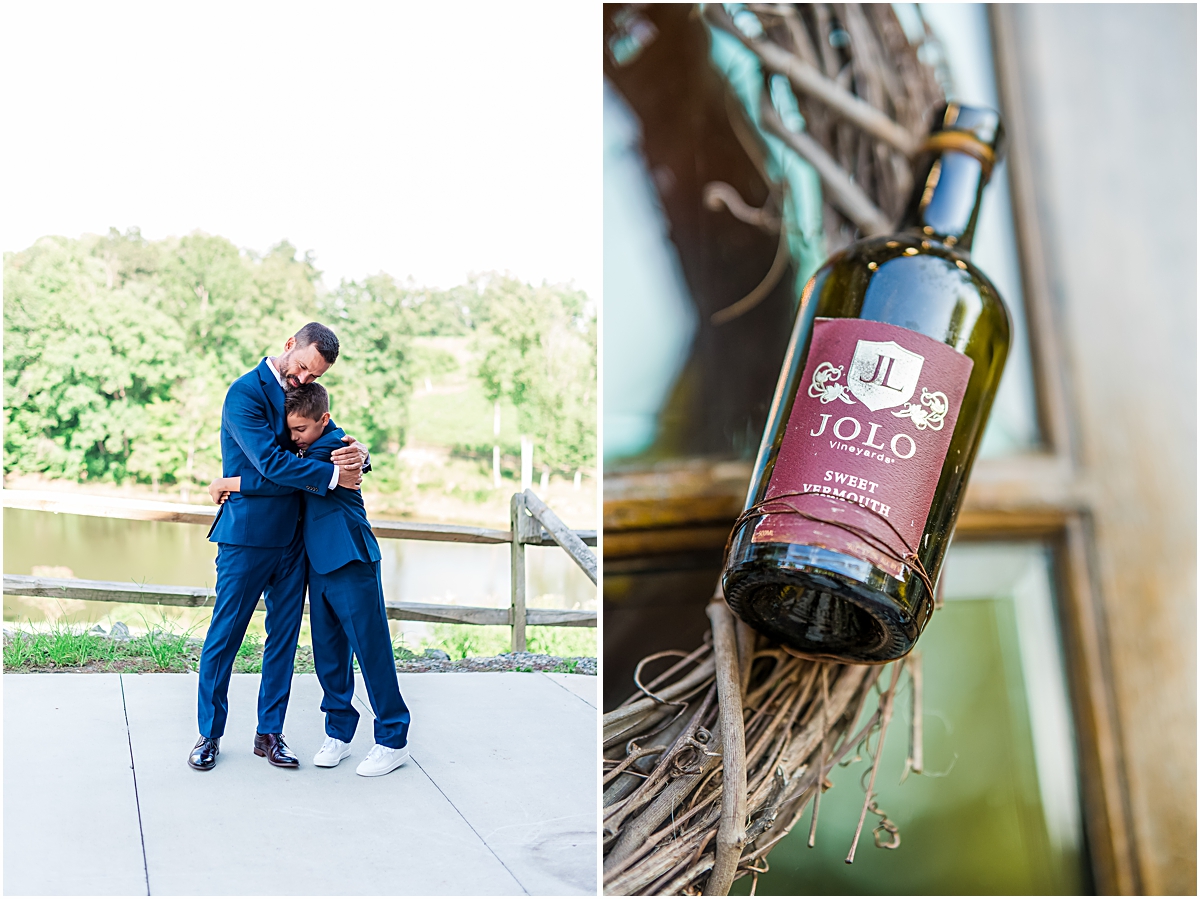 Collage of Koy hugging son and a detail shot of a bottle at Jolo Winery Wedding