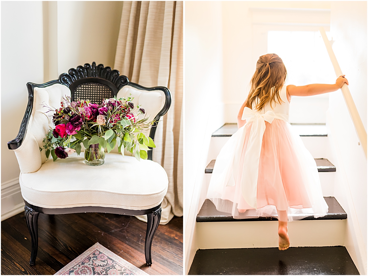 Collage of detail shot of flowers and flower girl walking up stairs, a wedding planner in NC created this experience 