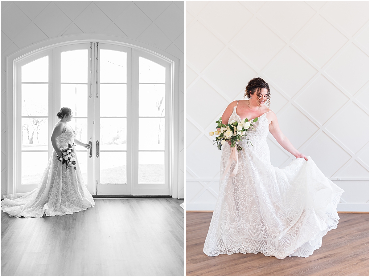 Collage of bride in front of window and holding dress at Blandwood Carriage House