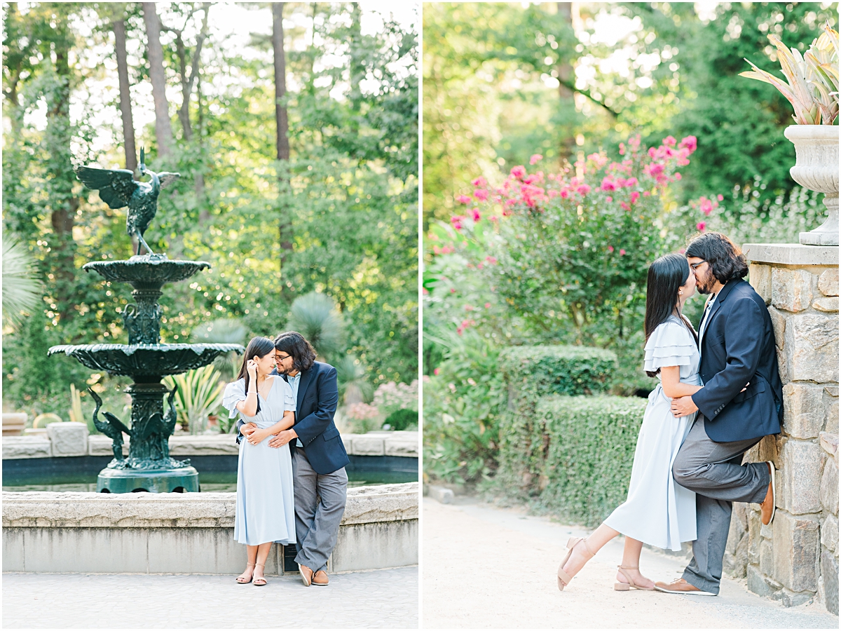 Collage of a couple posing and kissing in front of a fountain at Duke Gardens