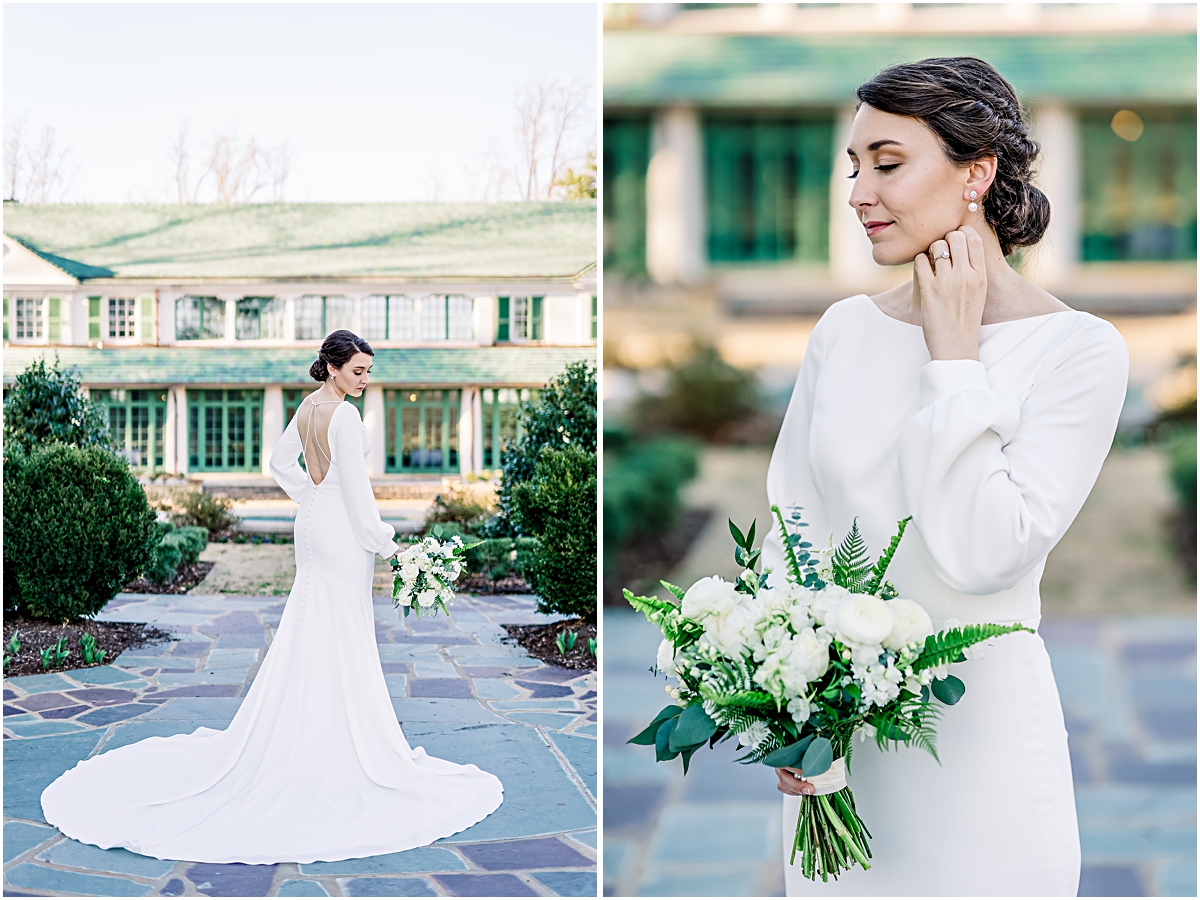 Collage of Eleanor's beautiful dress and train and her earrings and bouquet during Reynolda Gardens Bridal Session