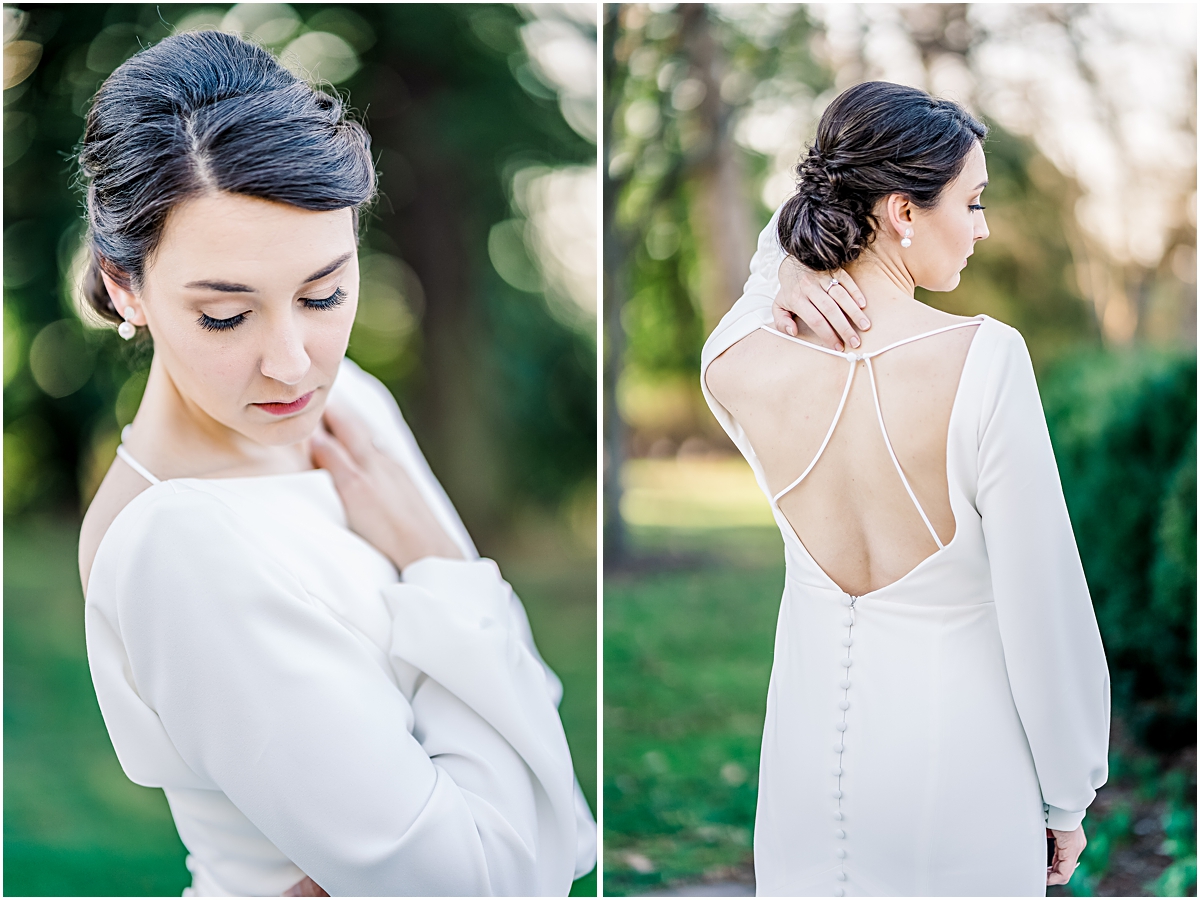 Collage of Eleanor standing and displaying her dress and back of her dress during Reynolda Gardens Bridal Session
