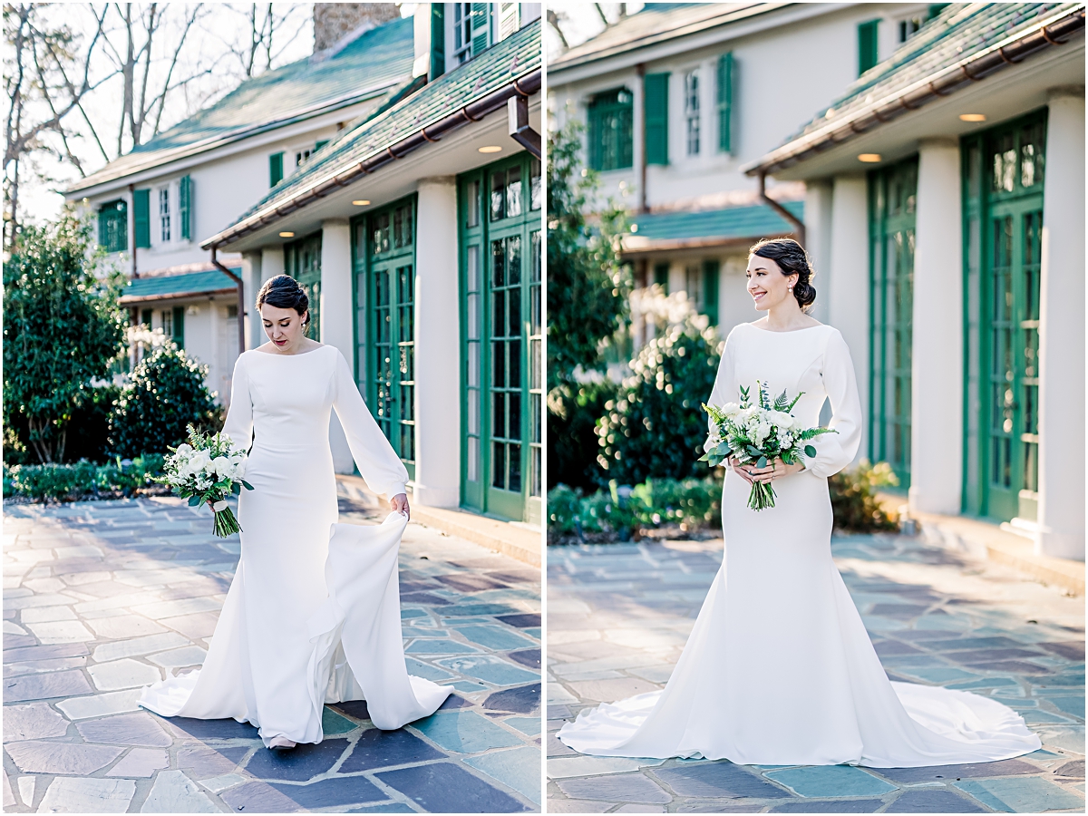 Collage of Eleanor walking on cobblestone walkway in front of house, and standing looking to the left during Reynolda Gardens Bridal Session