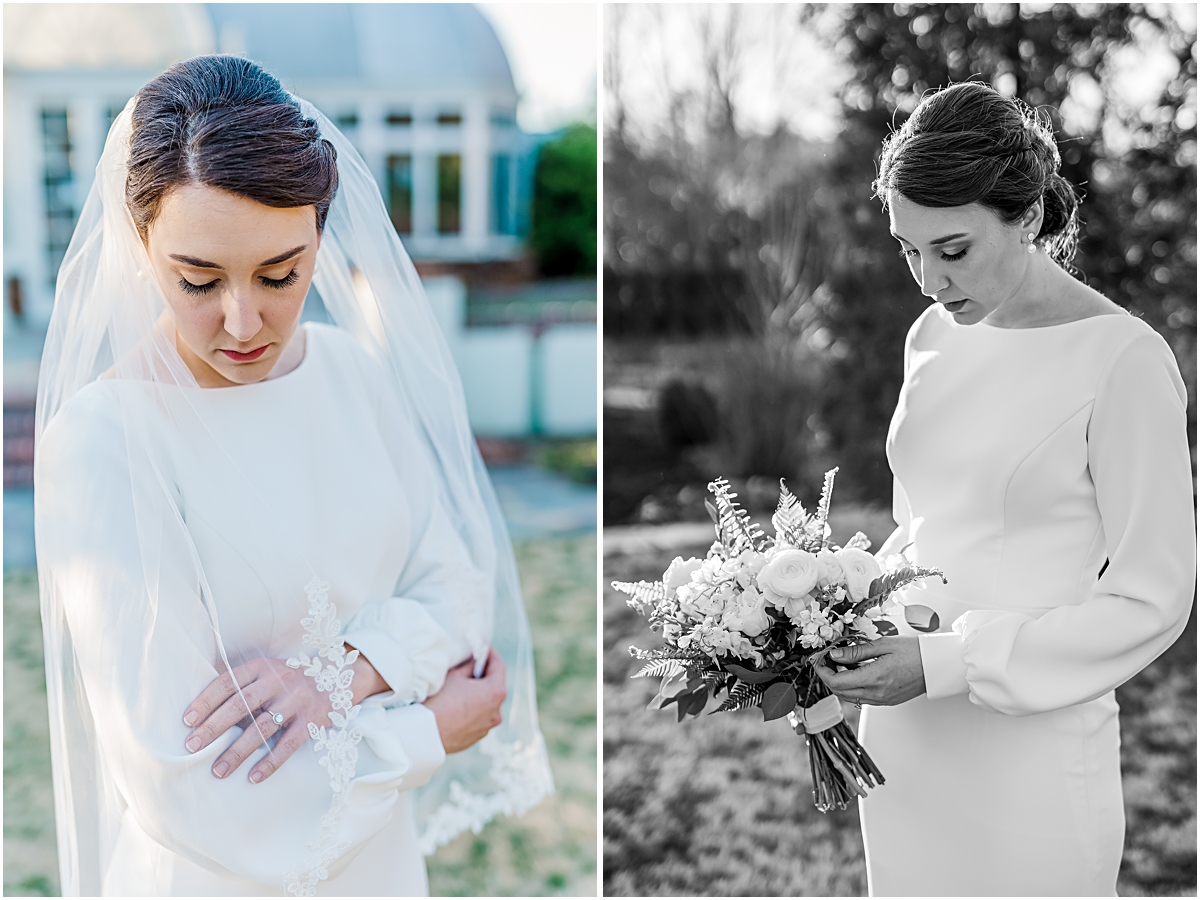 Collage of Eleanor admiring her bouquet and her arms crossed during Reynolda Gardens Bridal Session