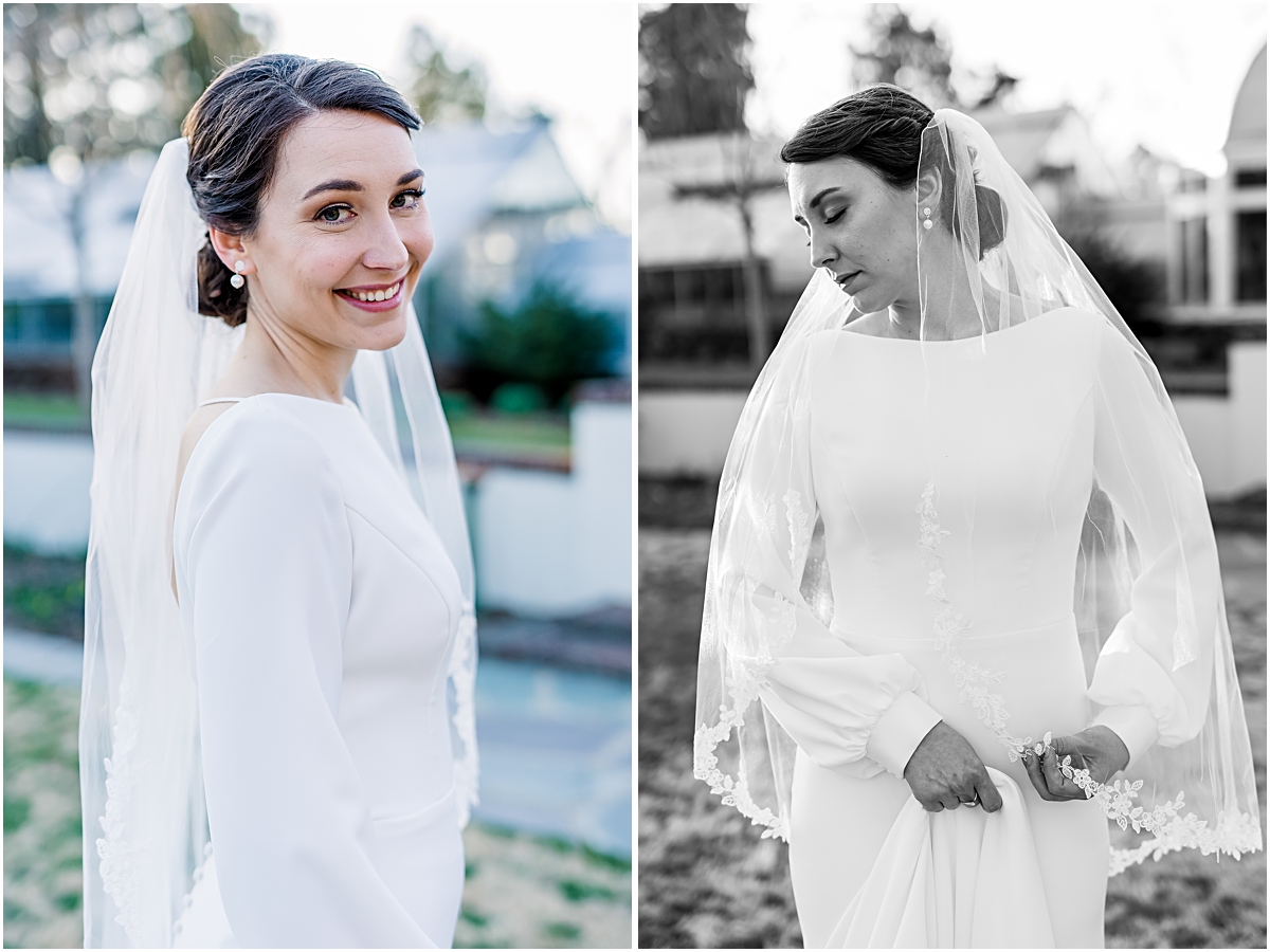 Collage of Eleanor standing in front of buildings during Reynolda Gardens Bridal Session
