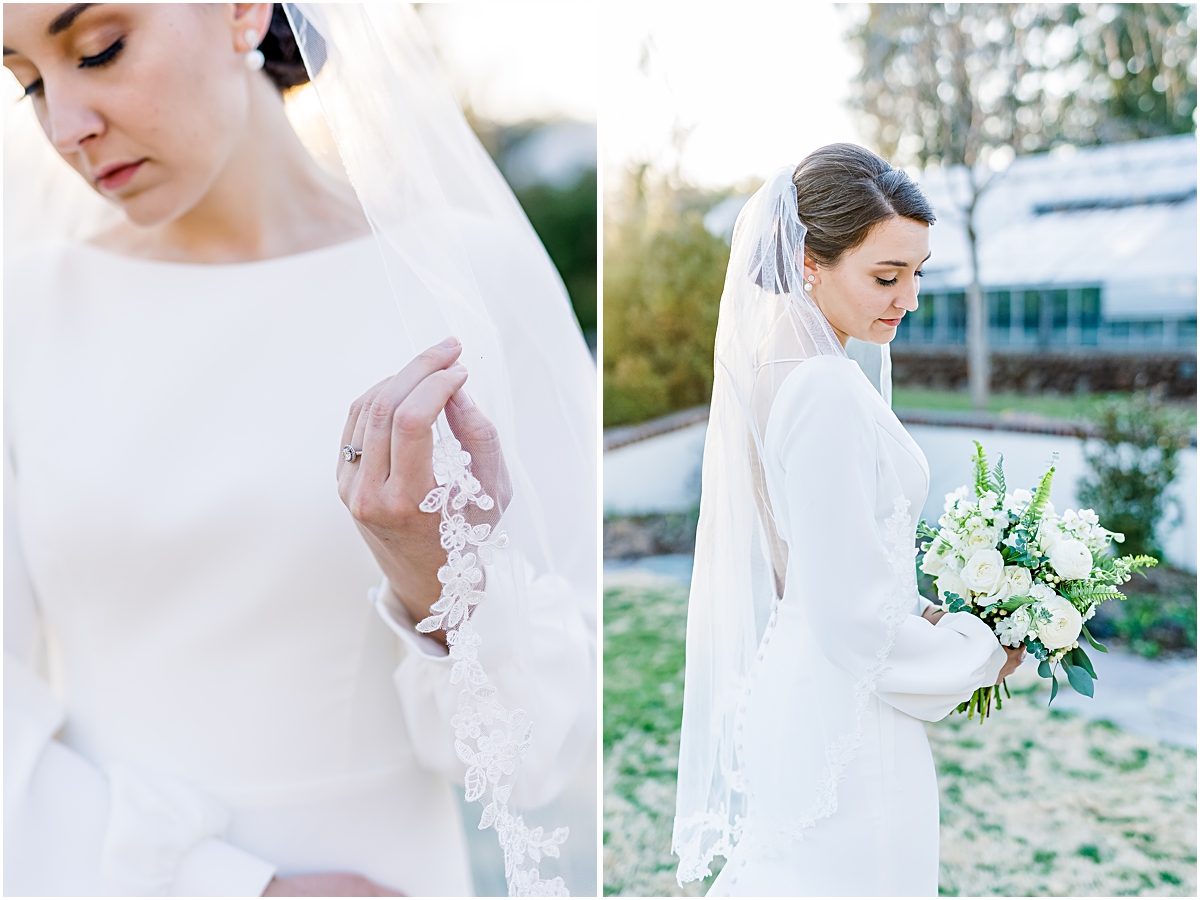 Collage of Eleanor standing in her wedding dress with bouquet during Reynolda Gardens Bridal Session