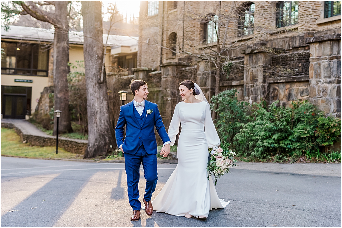 Eleanor and Justin walking outside the church during Cherry Blossom Wedding