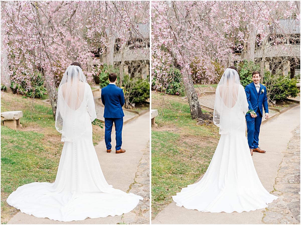 Collage of their first look under the cherry blossoms, with Justin's face lit up during Cherry Blossom Wedding