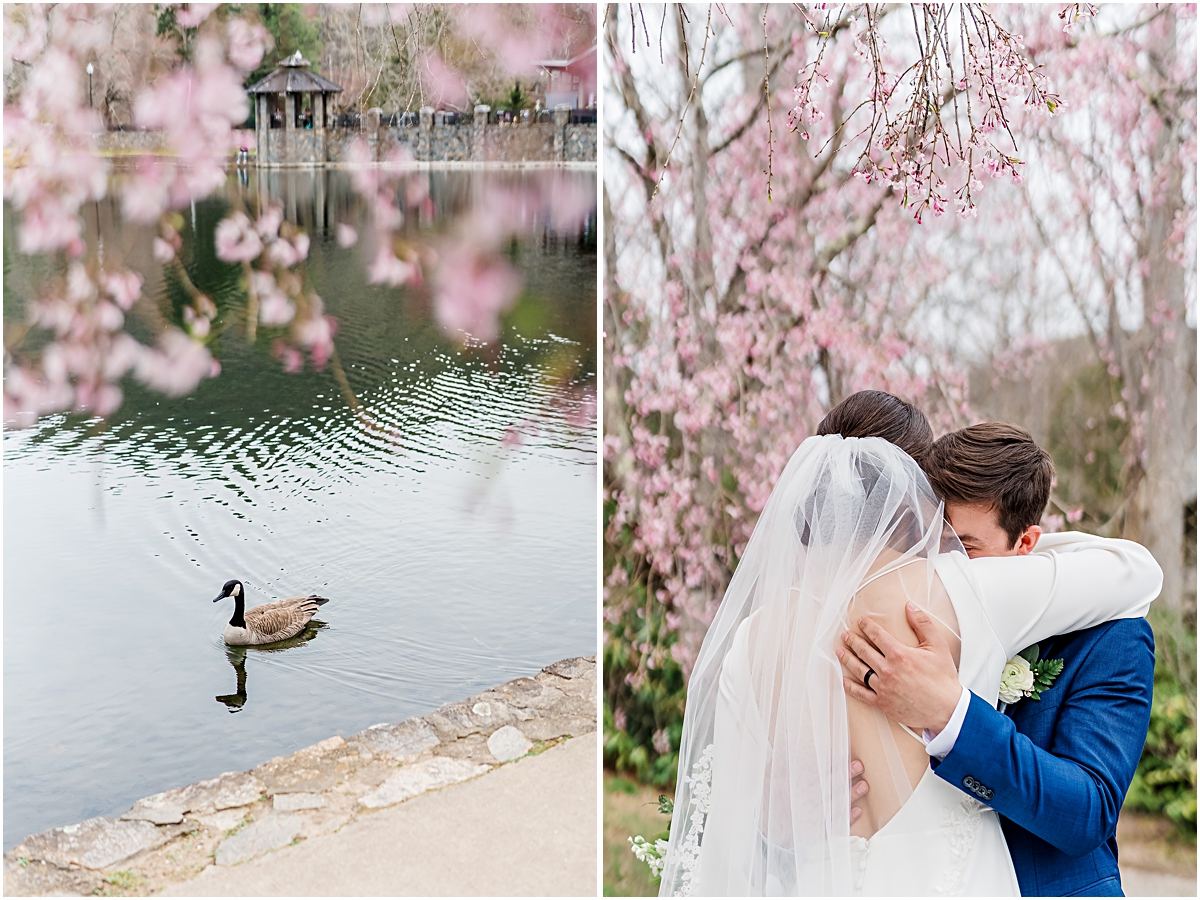 Eleanor and Justin hugging under cherry blossoms and a duck on the lake