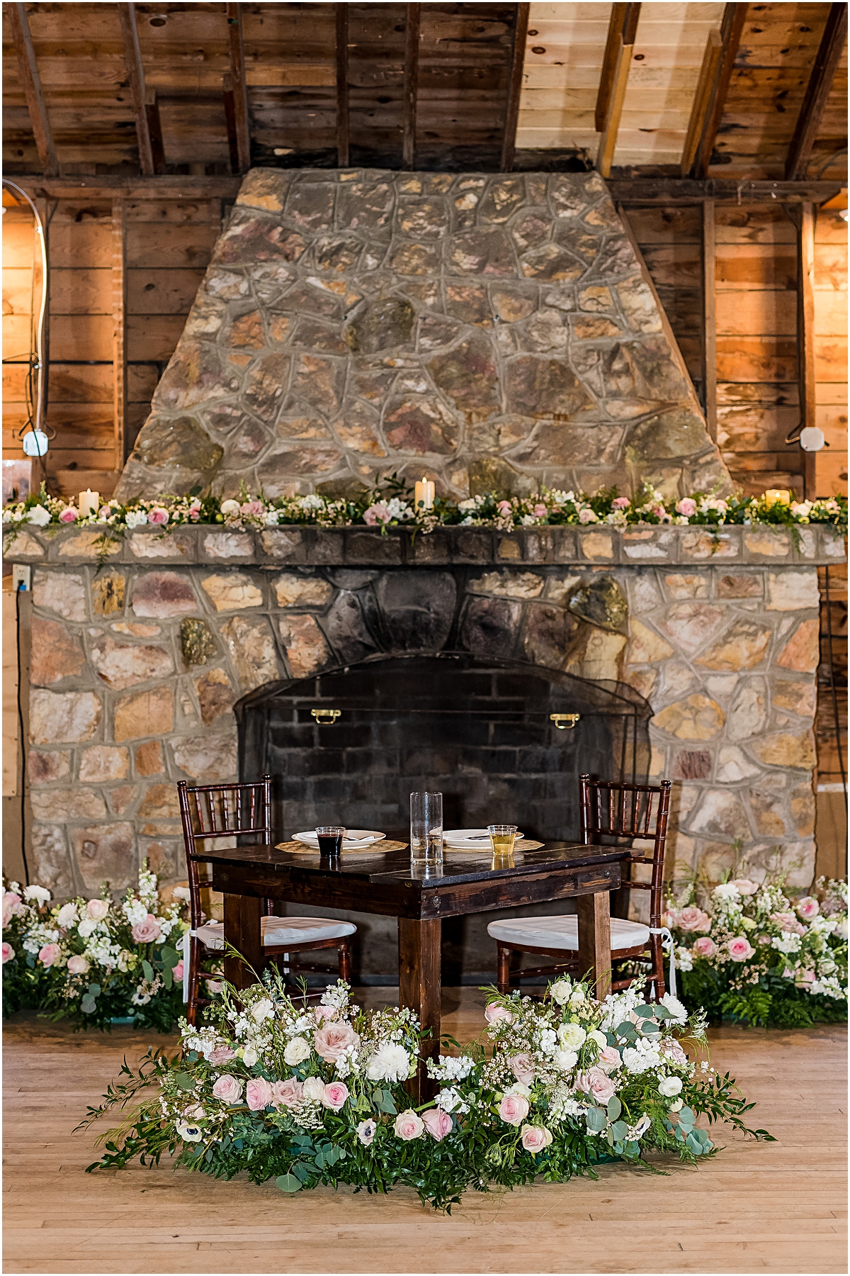 Detail photo of table in front of fireplace