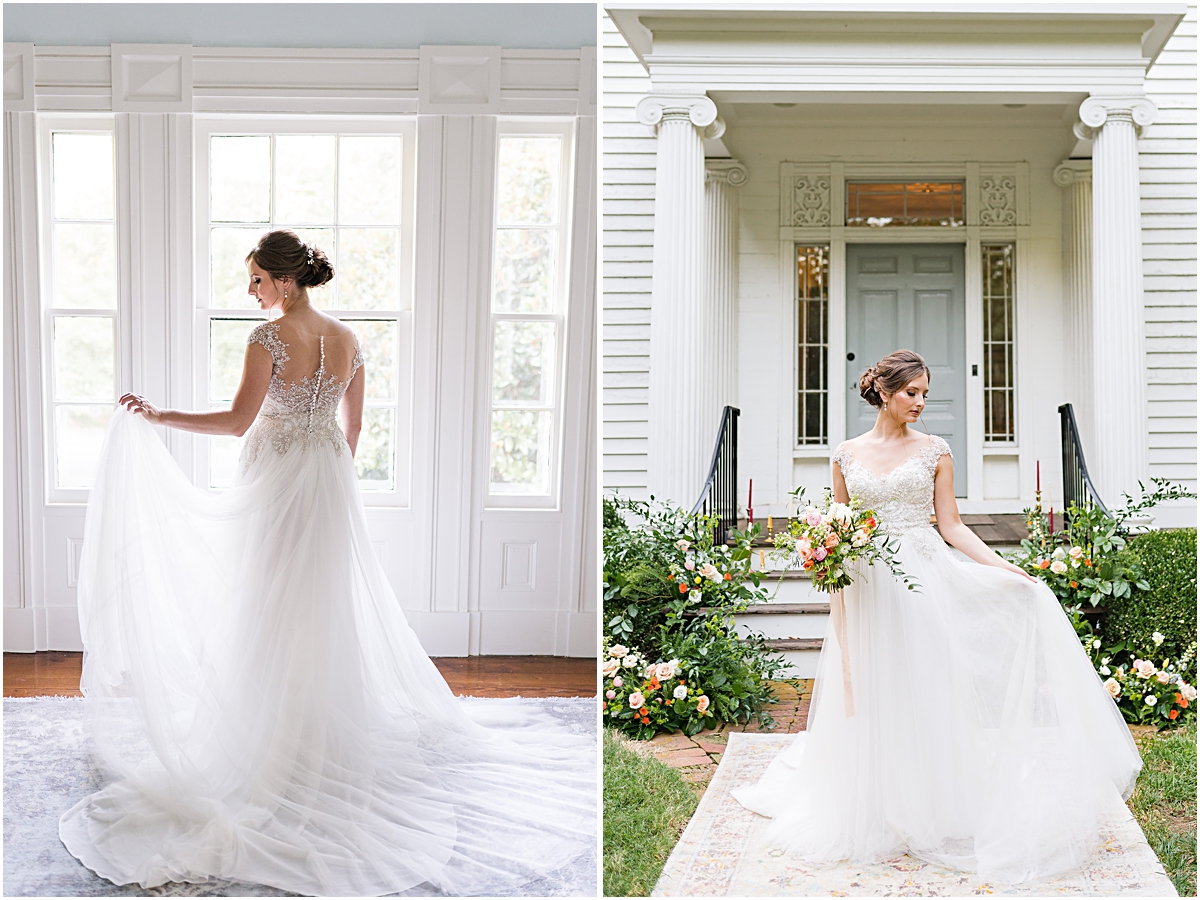 Collage of bride in front of window, and in front of front door at Holt House