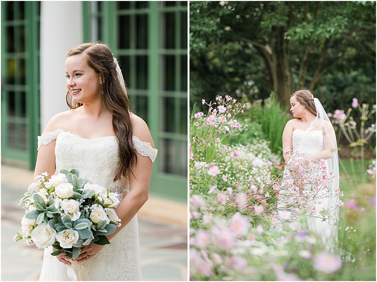 Collage of Bride in front of building at Reynolda Gardens, and in the garden itself