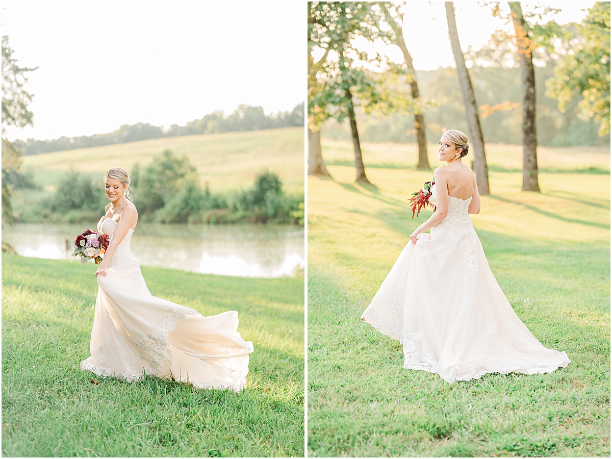 Collage of bride in front of small pond and field at Summerfield Farms