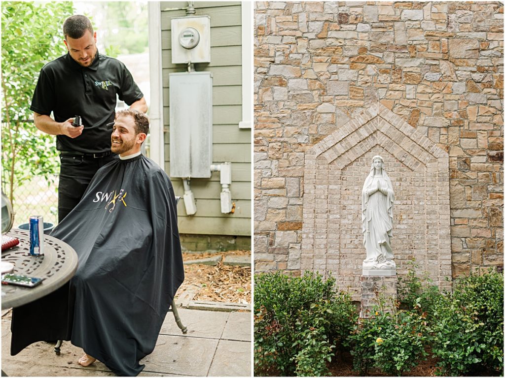 The groom getting a haircut paired with a photo of a statue of the virgin Mary