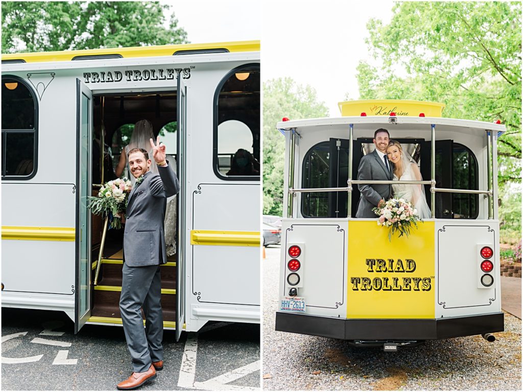 Collage of Amber and Chase boarding their Trolley during their Greensboro wedding