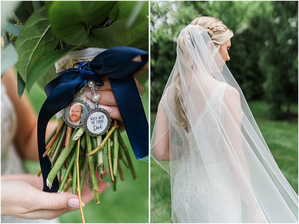 Collage of Amber in her veil, with her pendant on her bouquet
