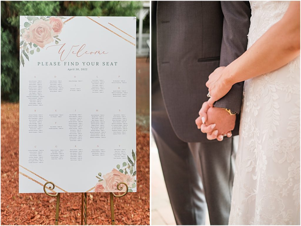 Collage of a sign and Amber and Chase holding hands during their Greensboro wedding