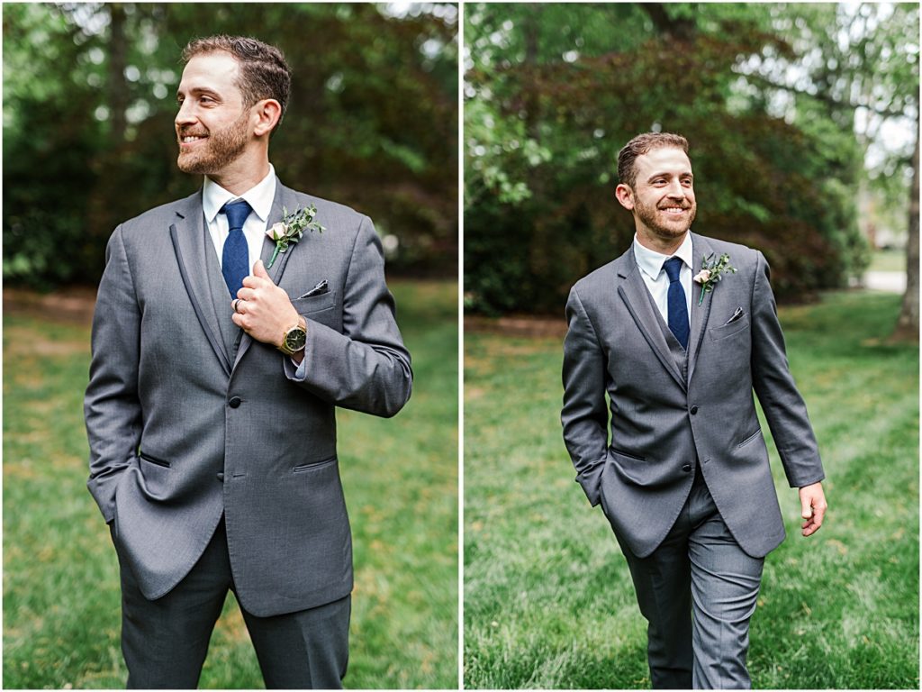 Collage of Chase in a field during their Greensboro wedding