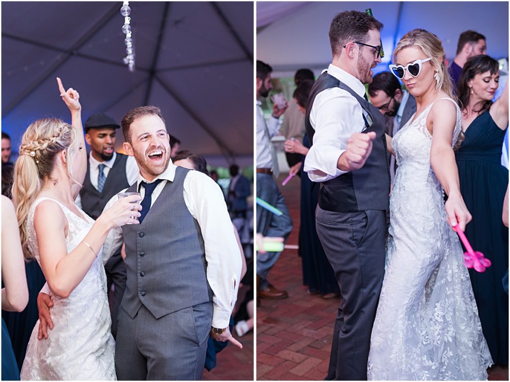 Collage of Amber and Chase dancing with goofy glasses on during their Greensboro wedding