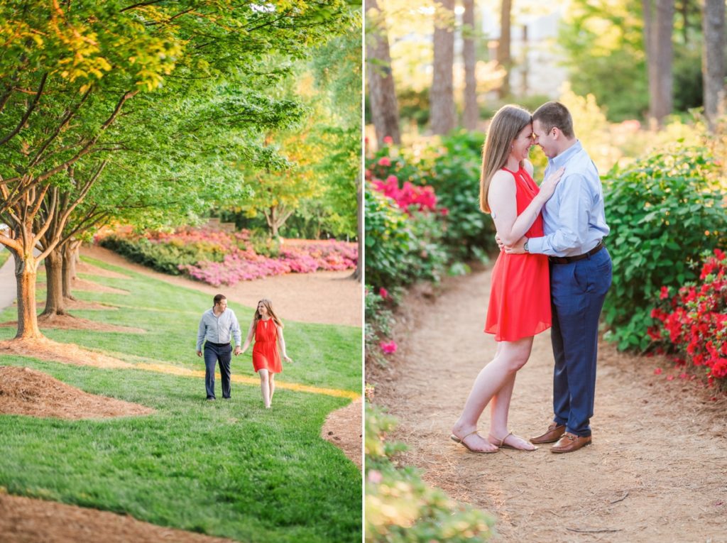 Collage of a couple walking through Azalea Gardens and smiling at each other with their foreheads together.