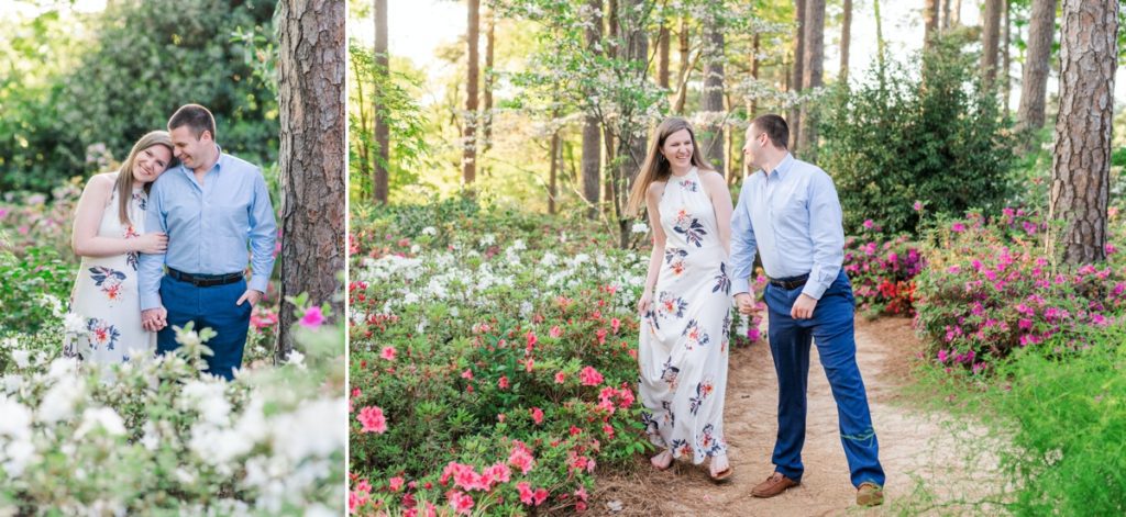 Collage of a couple walking and laughing during their engagement session at Azalea Gardens and of the bride with her head on her fiance's shoulder.