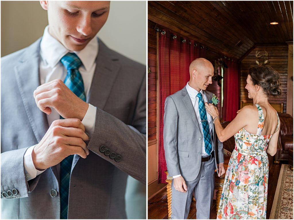 Luke getting ready and his family placing a flower in his lapel taken by a wedding photographer