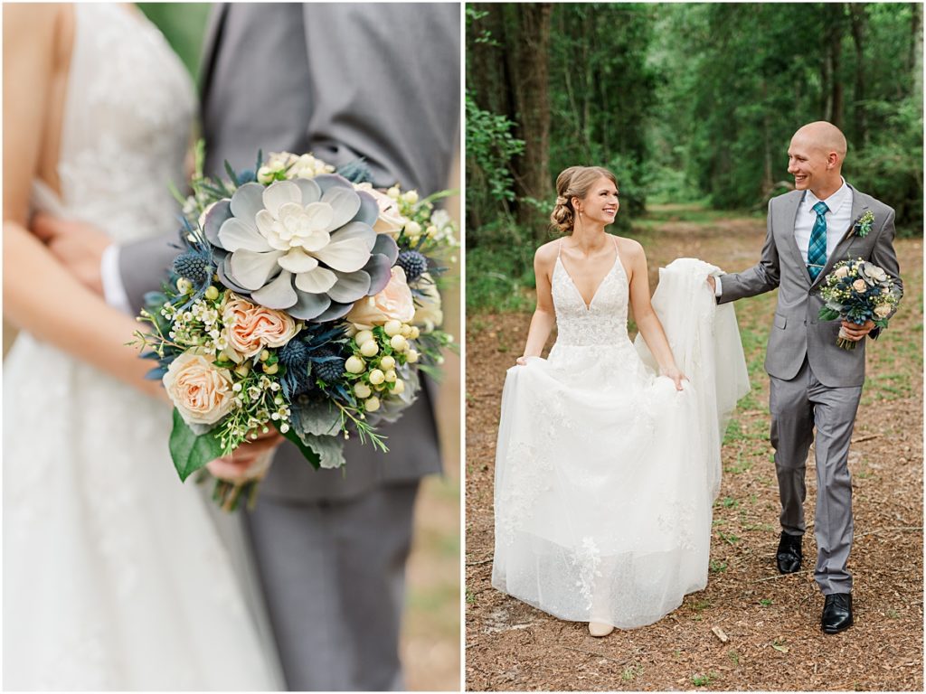 Collage of Brynn and Luke walking down a trail taken by a wedding photographer