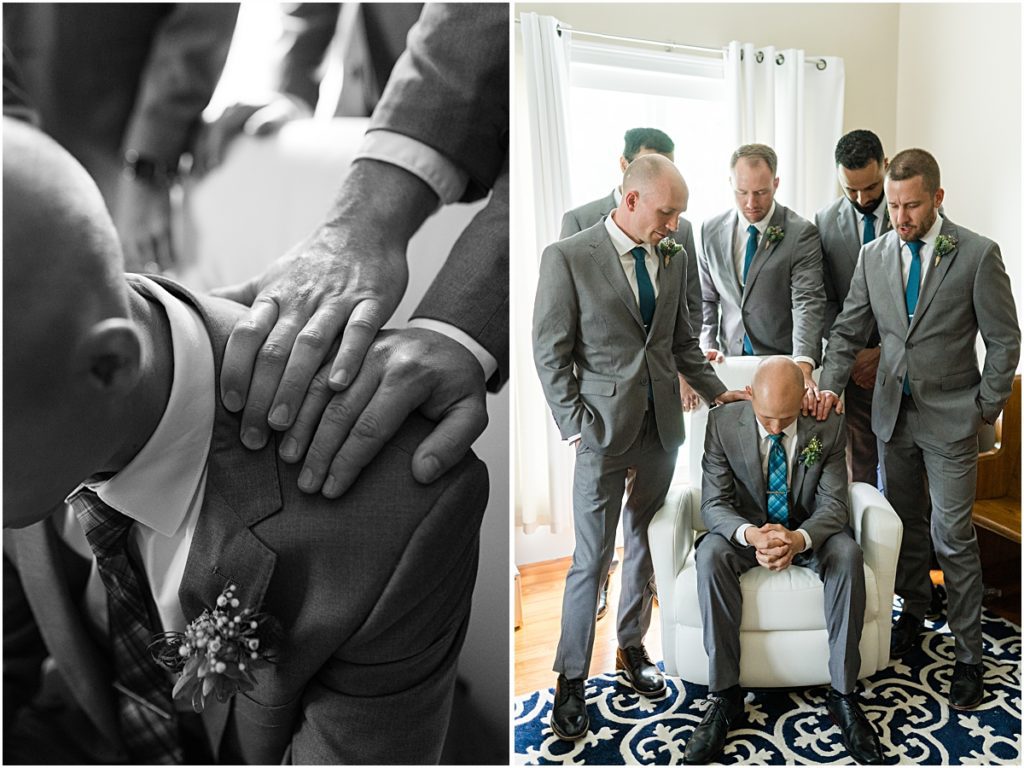 Collage of Luke being prayed over by his groomsmen taken by a wedding photographer