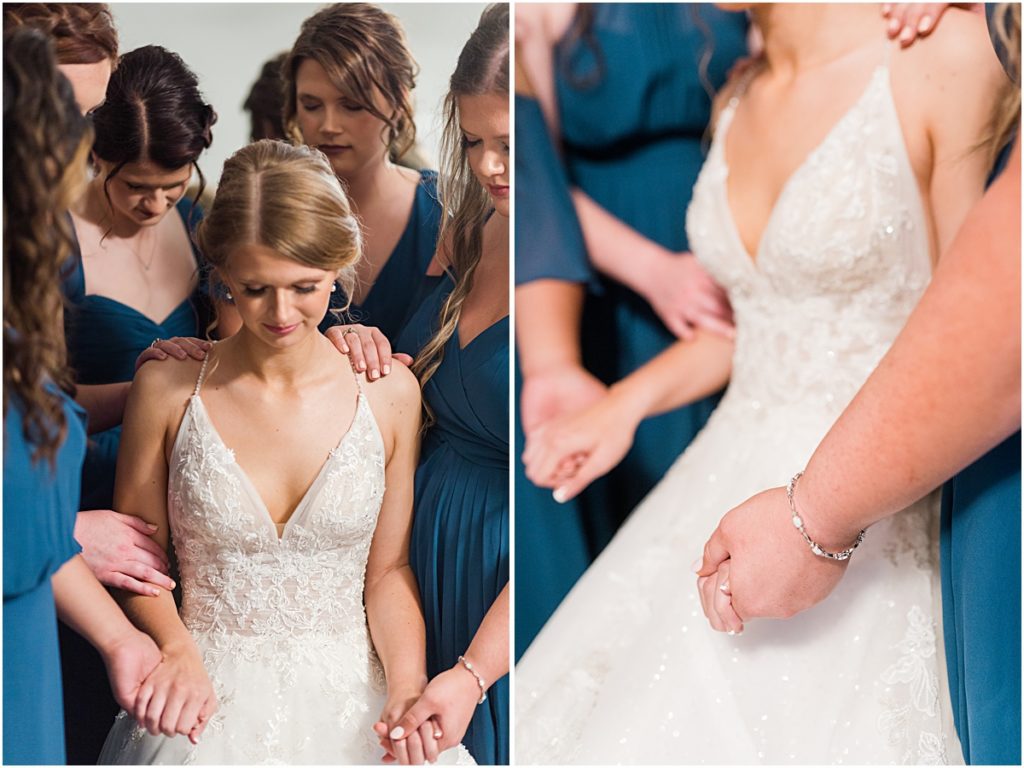 Collage of Brynn being prayed over by her bridesmaids taken by a wedding photographer