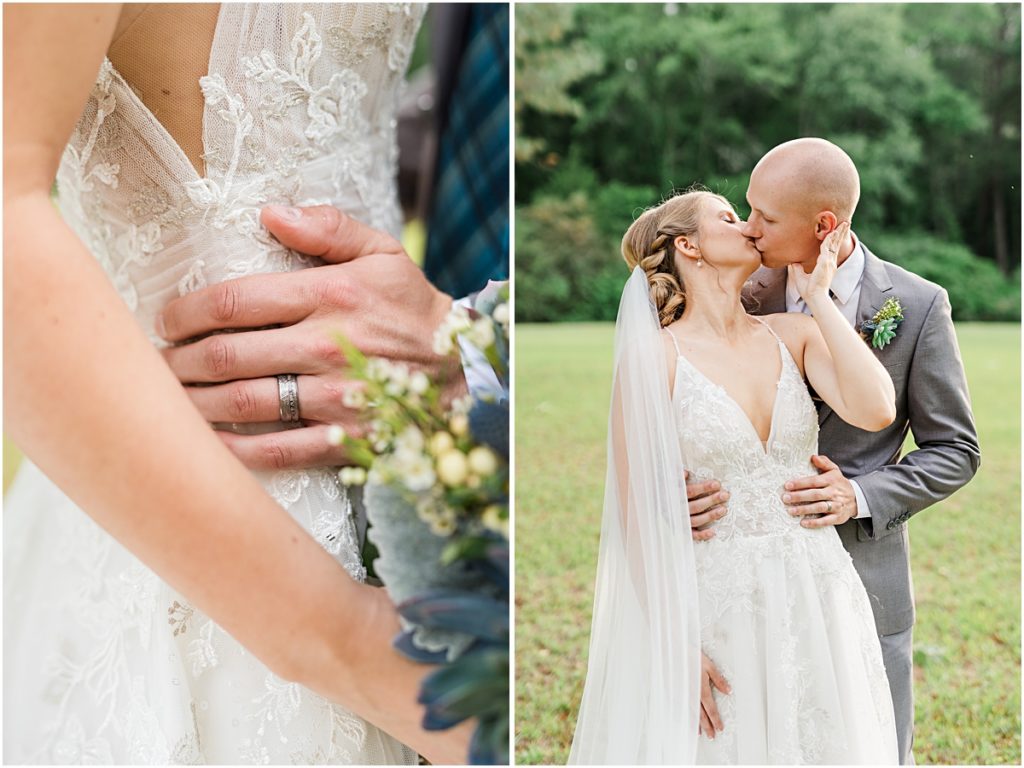 Luke and Brynn kissing and details of the ring taken by a wedding photographer