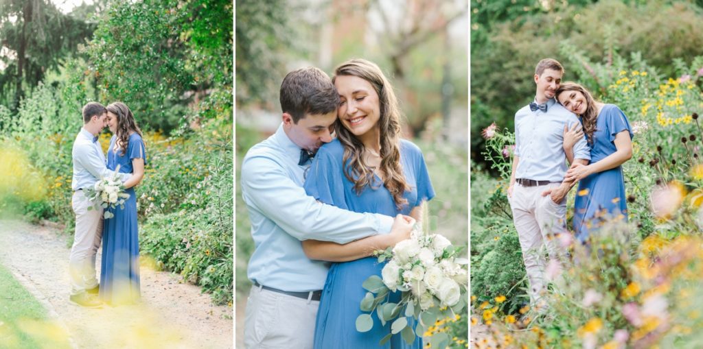 Collage of a couple snuggling and smiling at each other during their engagement session at Coker Arboretum.