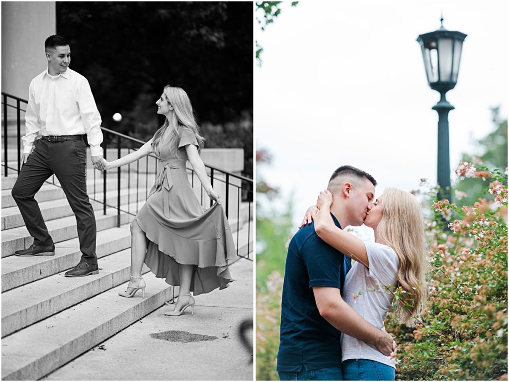 Collage of couple walking up stairs and kissing under a lamp post taken by an engagement photographer