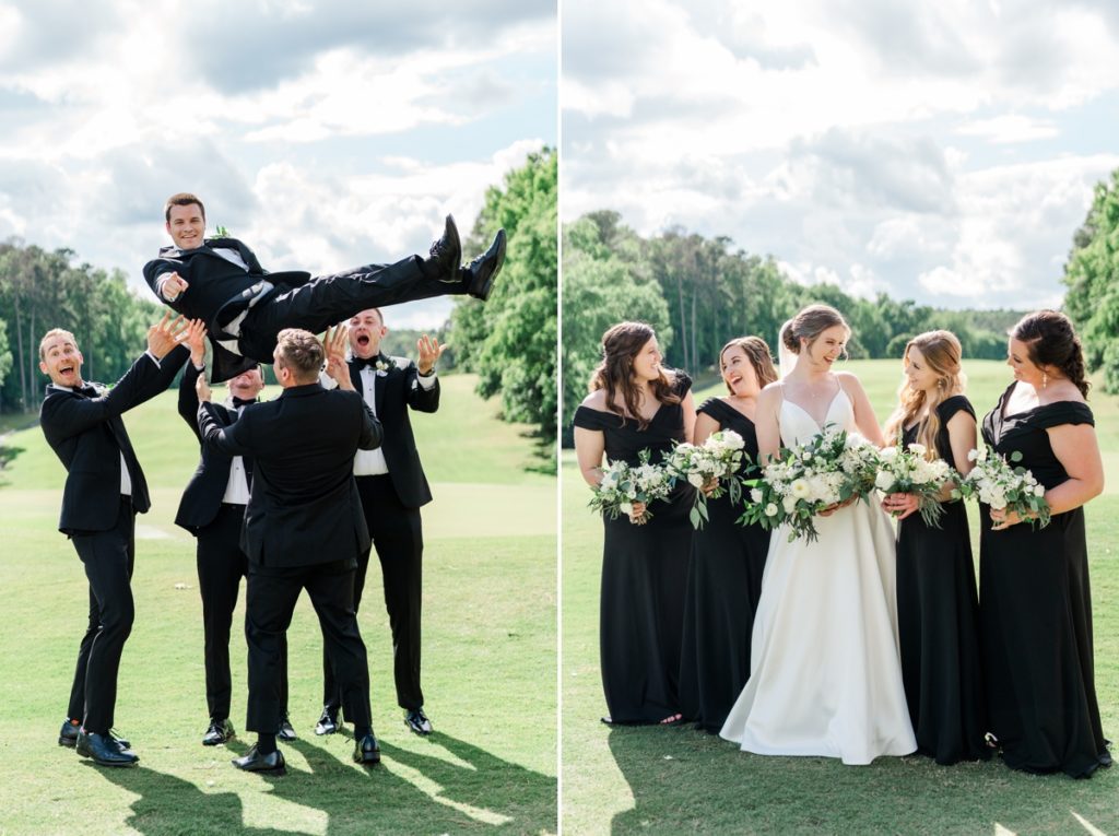 Collage of the groomsmen throwing the groom up in the air and the bride laughing with her bridesmaids on the golf course at Washington Duke Inn and Golf Club.