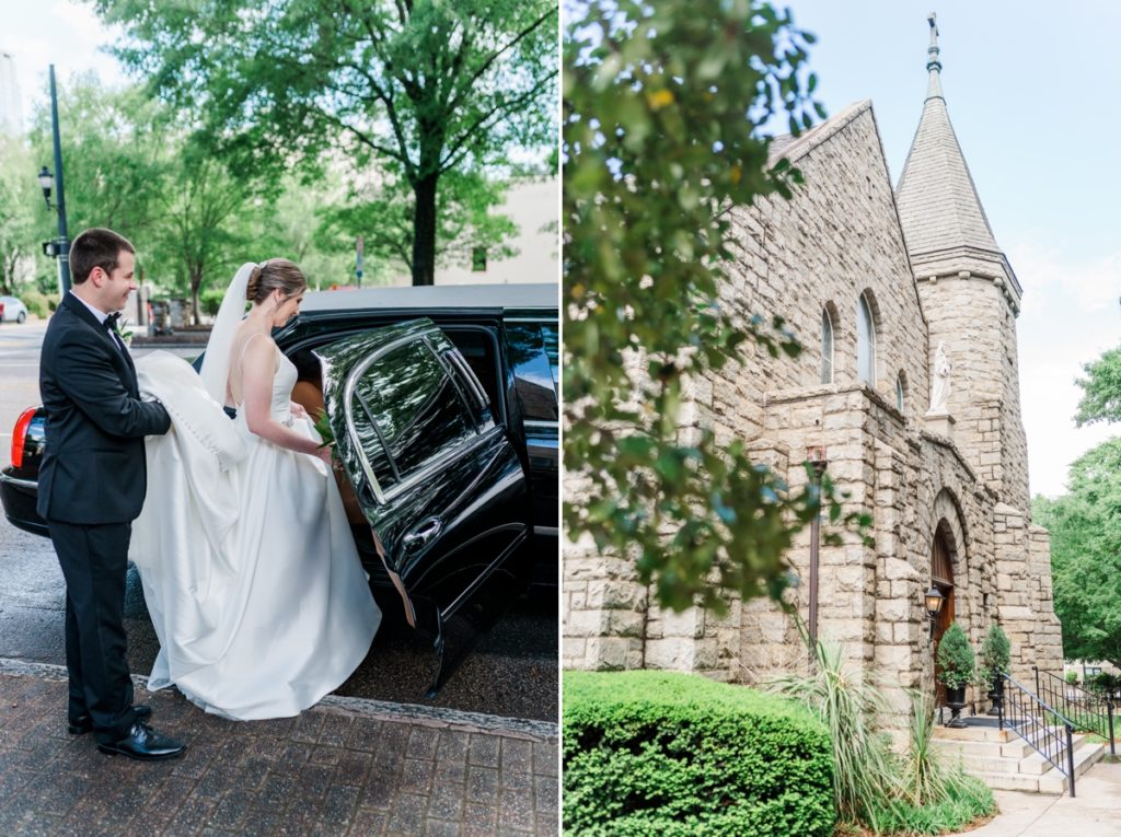 College of Sacred Heart Cathedral and the groom helping the bride into their wedding day limo.