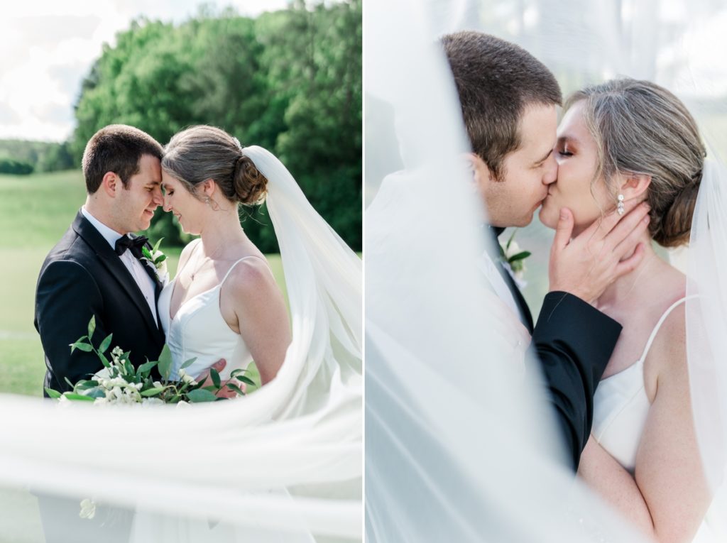 Collage of the bride and groom with their foreheads touching and the veil swooped in front of the camera and a soft, veil filled image of the groom kissing his bride. during their Wedding in Raleigh NC