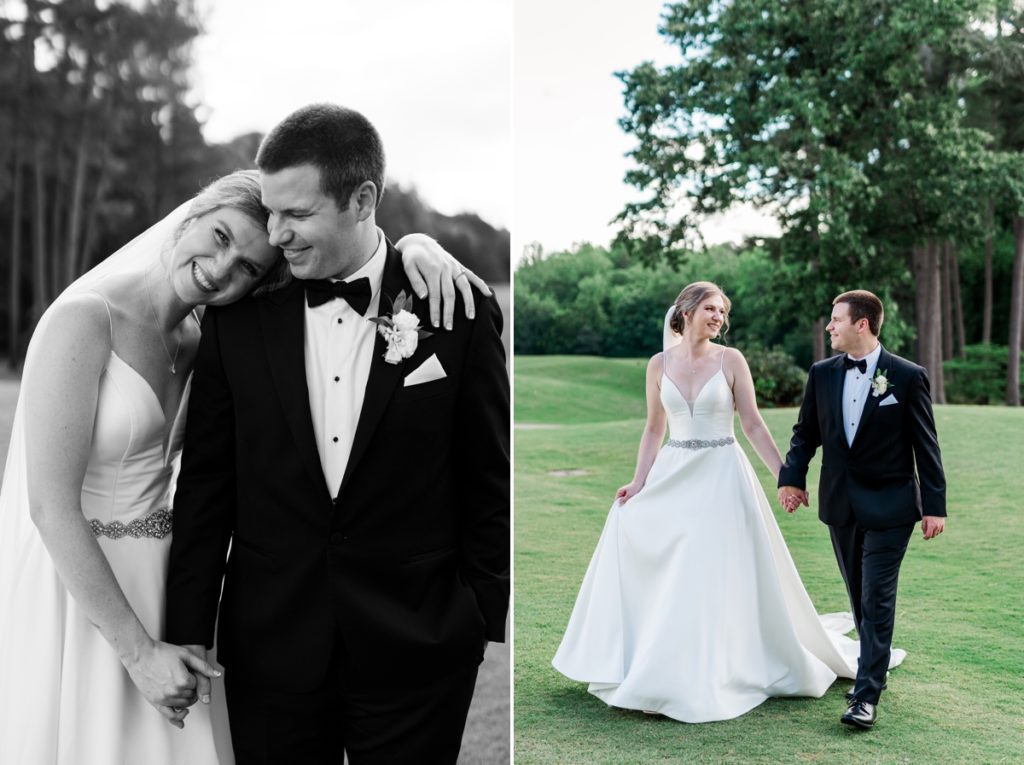 Collage of a black and white photo of the bride resting her head on the groom's shoulder and Haley and Matt walking hand in hand.