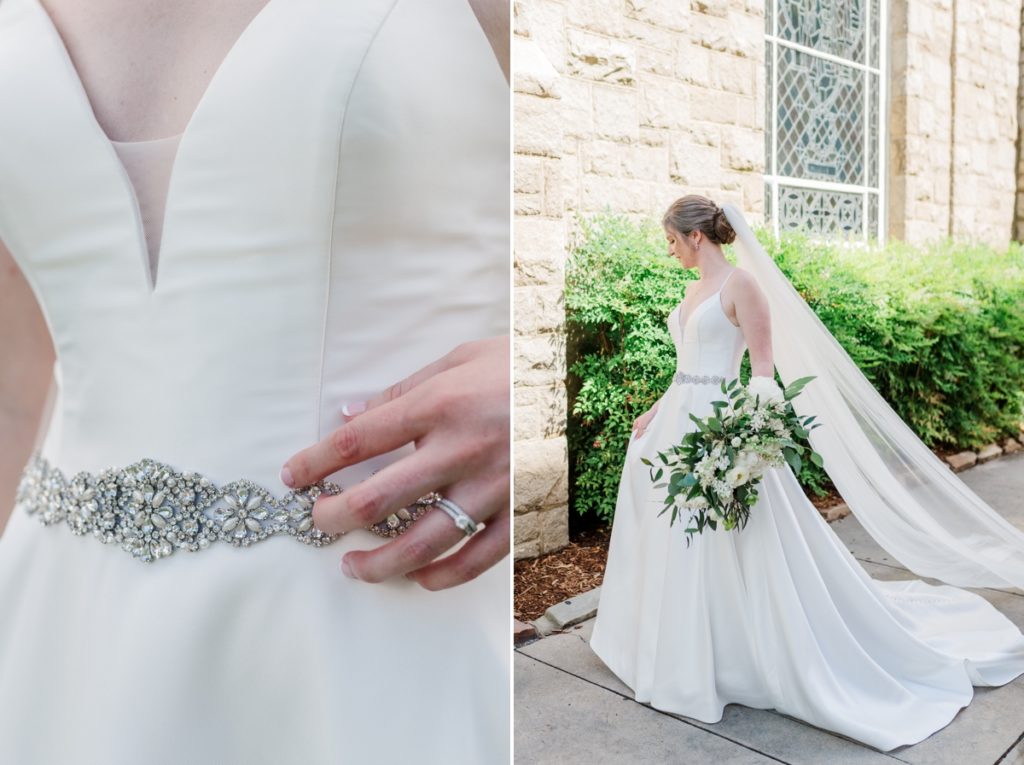 Collage of a close up of the bride softly touching her bridal belt and her walking in front of Sacred Heart Cathedral holding her dress.