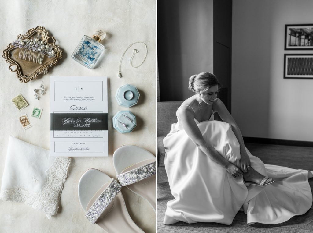 Collage of the bridal details and a black and white photo of the bride putting on her wedding shoes.