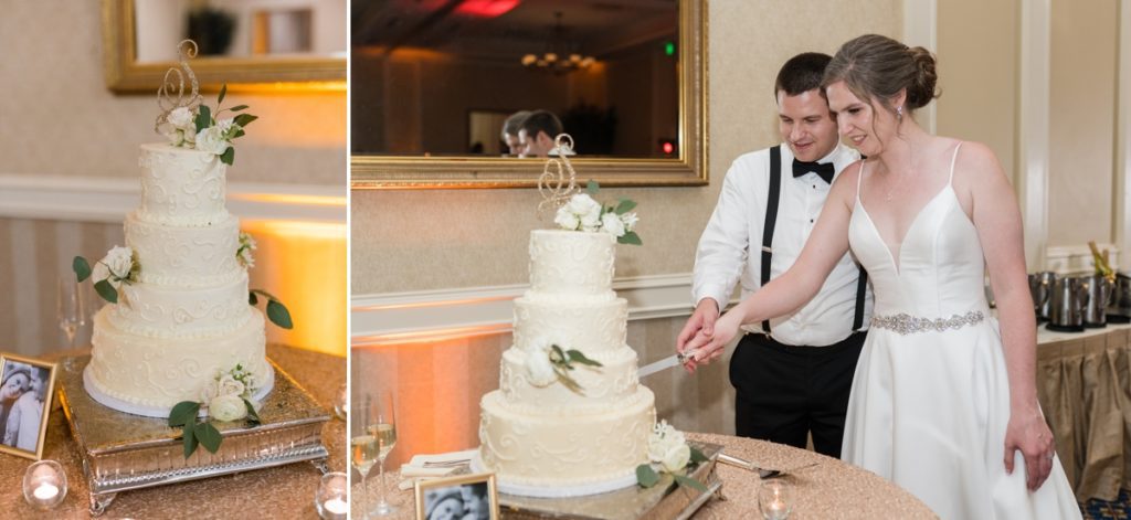 Collage of a white four tier wedding cake and the bride and groom cutting their wedding cake.