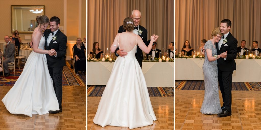 Collage of the bride and groom during their first dance along with the father/daughter and mother/son dance.