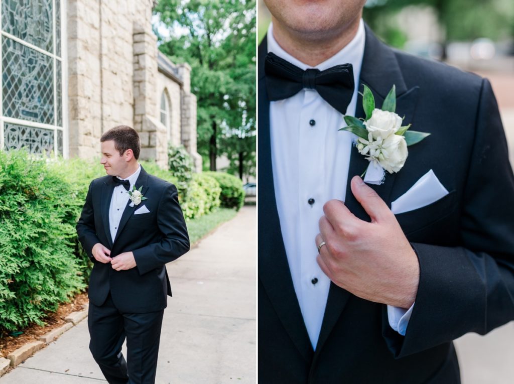 Collage of the groom walking and buttoning his jacket and him holding on to his tuxedo lapel.