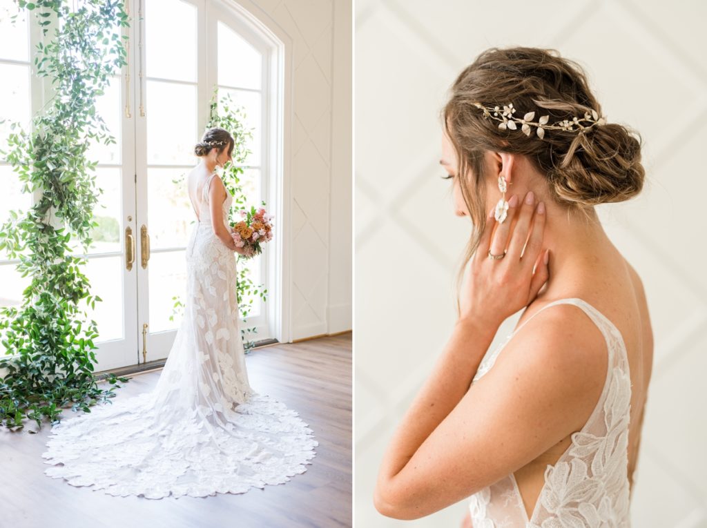 Collage of the bride facing a large greenery covered window at Blandwood Carriage house and her train is laid out on the floor and a detail photo of the bride's low bun.