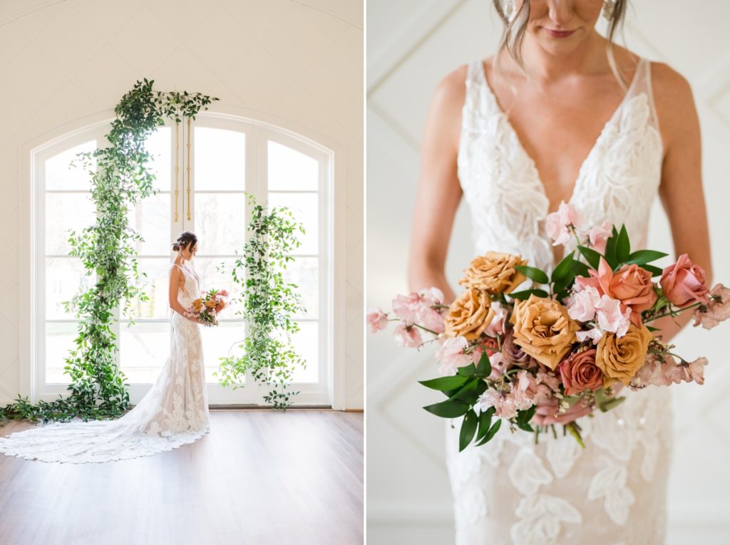 Collage of a bride standing in front of a greenery decorated window at Blandwood Carriage house and a detail photo of her orange and pink bouquet held in front of her wedding gown.