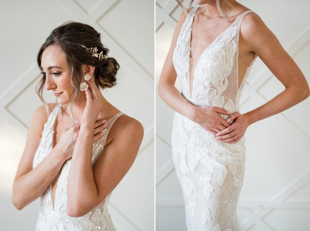 Collage of a bride with her hand softly on her ear showing off her wedding day earrings and another is her hands on her hip showing off her Magnolia Bride wedding gown.
