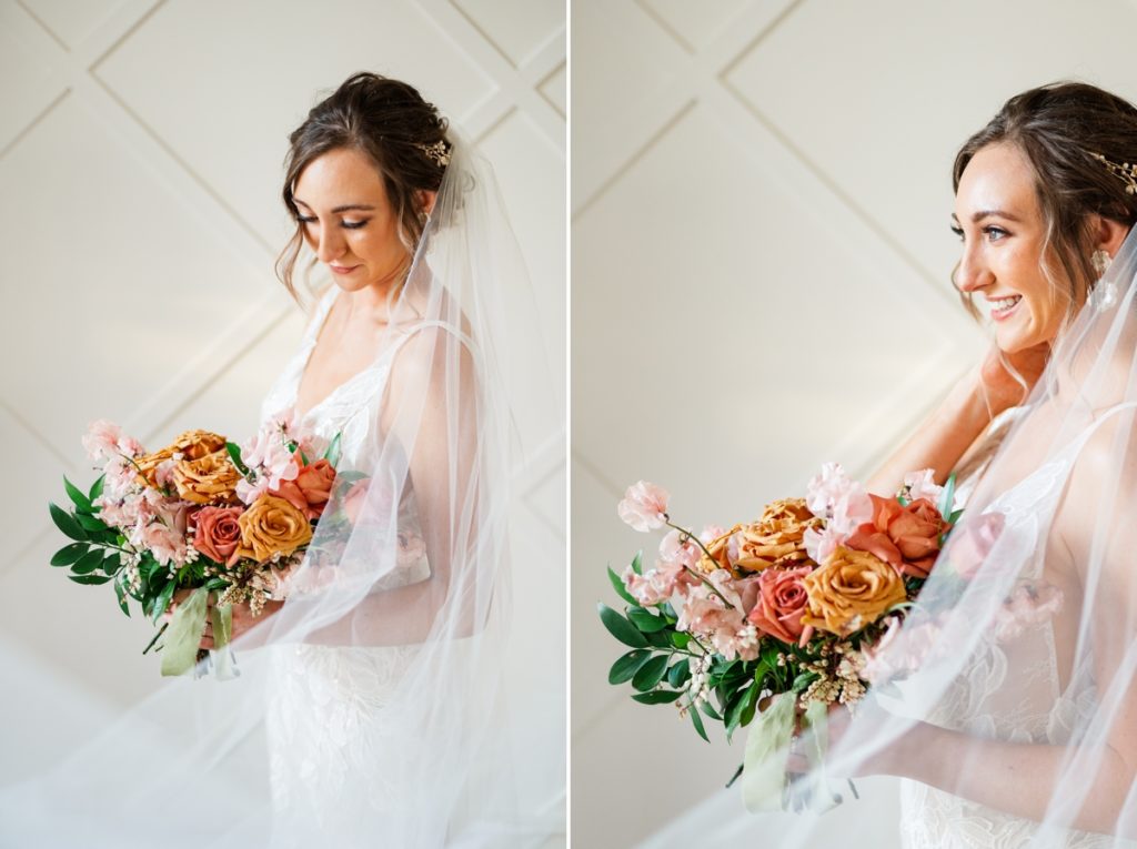 Collage of a bride smiling at her bouquet and off in the distance at Blandwood Carriage House
