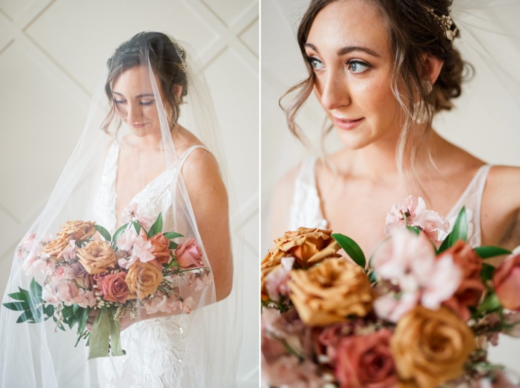 Collage of a woman looking softly down at her bouquet under her veil and a close up of the bride's makeup over her bouquet,